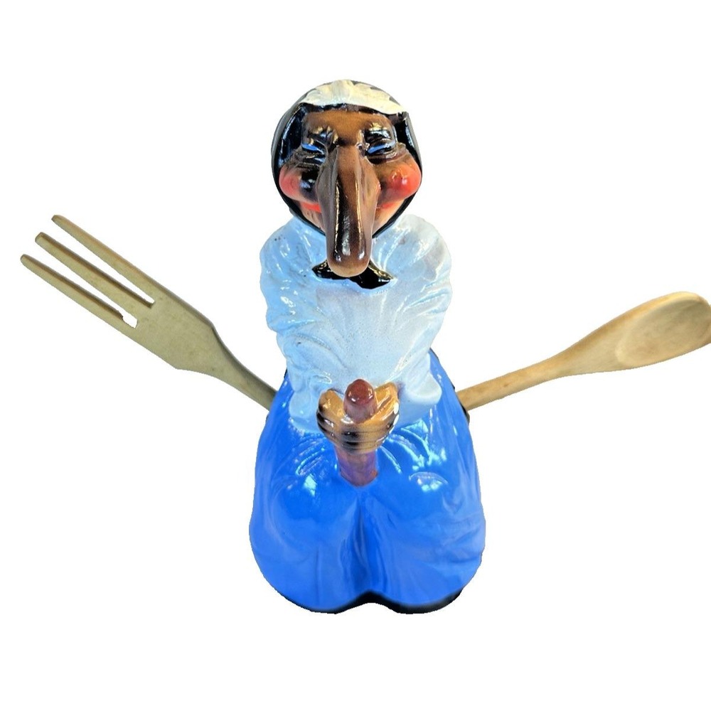 Vintage RJ Drinkwater Kitchen Witch Utensil Holder Ceramic Baba Yaga 1980s Blue